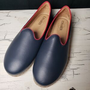 Charix Leather Flats in Navy Blue/ Red Trim - Size 40.5 Euro / 10.5 US